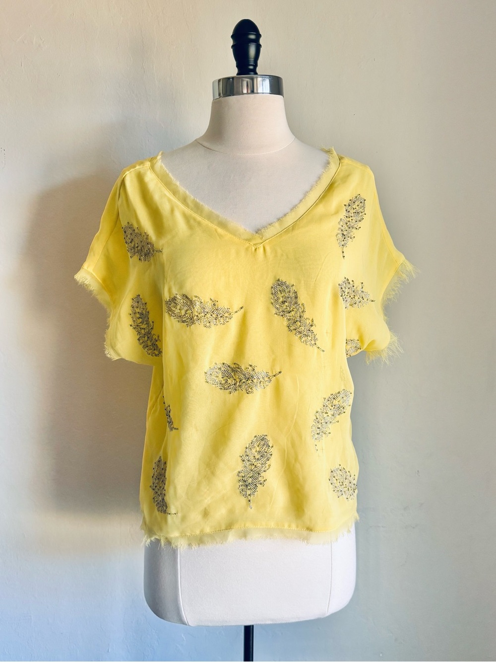Greylin Yellow Feather Embellished V-Neck Short Sleeve Blouse